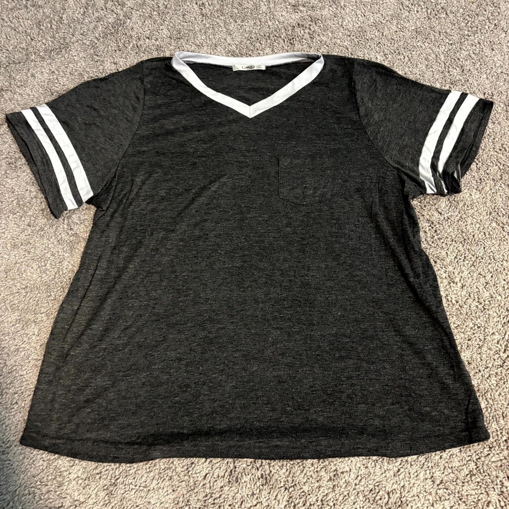 OMSJ Womens XXL Gray V Neck T Shirt Striped Sleeve Pocket Casual Loose Fit